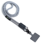 Tour de cou en RPET avec support pour téléphone et double mousqueton couleur blanc/noir Vue 1