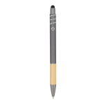 Stylo avec détail en bambou et spinner antistress encre bleue couleur gris quatrière vue