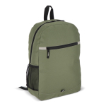 Sac à dos en RPET compartiment frontal et petit détail réfléchissant couleur vert olive deuxième vue