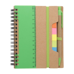 Carnet avec notes adhésives, règle et stylo, format A6, pages lignées couleur vert clair première vue
