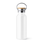 Bouteille en inox avec couvercle en bambou et anse pliable 500ml couleur blanc deuxième vue