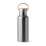 Bouteille en inox avec couvercle en bambou et anse pliable 500ml couleur argenté deuxième vue