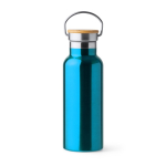Bouteille en inox avec couvercle en bambou et anse pliable 500ml couleur bleu pastel deuxième vue