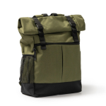 Sac à dos en polyester 900D avec rabat et sangles de fermeture couleur vert militaire première vue d'usage