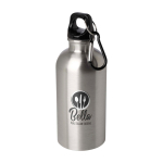 Gourde en acier inoxydable recyclé avec mousqueton 400ml couleur argenté vue avec impression sérigraphique