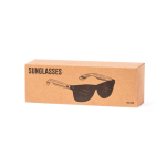 Lunettes de soleil avec branches en bambou, verres noirs effet miroir couleur bois vue avec boîte