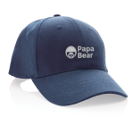 Casquette 6 panneaux en coton recyclé avec traceur AWARE™ 280 g/m² couleur bleu marine vue avec logo