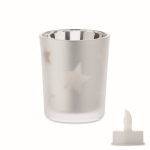Bougie LED dans un pot en verre avec des petites étoiles de Noël couleur argenté mat