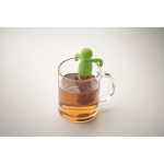 Infuseur à thé en inox en forme de petit bonhomme en silicone couleur vert lime quatrième vue photographique