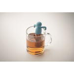 Infuseur à thé en inox en forme de petit bonhomme en silicone couleur bleu ciel quatrième vue photographique