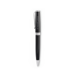 Stylo rotatif en acier inoxydable recyclé dans un étui, encre bleue couleur noir vue avec zone d'impression