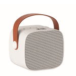 Haut-parleur carré au style vintage avec anse en similicuir marron couleur blanc vue avec zone d'impression
