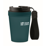 Gobelet anti-fuite avec sangle en polyester RPET 300ml couleur bleu marine vue avec zone d'impression