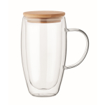 Longue tasse en verre avec anse transparente et couvercle bois 450ml couleur transparent