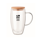 Longue tasse en verre avec anse transparente et couvercle bois 450ml couleur transparent vue avec zone d'impression