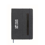 Carnet A5 à couverture rigide avec support téléphone, pages lignées couleur bleu marine vue avec zone d'impression