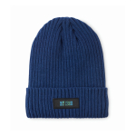 Bonnet unisexe en tricot plusieurs couleurs avec patch personnalisable couleur bleu vue avec zone d'impression