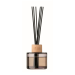 Diffuseur de parfum en verre avec 6 bâtonnets à la vanille couleur noir vue avec zone d'impression