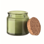 Bougie en cire végétale parfumée à la vanille avec un couvercle liège couleur vert deuxième vue