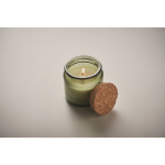 Bougie en cire végétale parfumée à la vanille avec un couvercle liège couleur vert troisième vue photographique