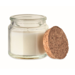 Bougie en cire végétale parfumée à la vanille avec un couvercle liège couleur beige deuxième vue