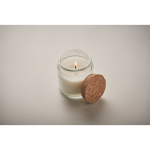 Bougie en cire végétale parfumée à la vanille avec un couvercle liège couleur beige troisième vue photographique