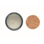 Bougie en cire végétale parfumée à la vanille avec un couvercle liège couleur bleu marine quatrième vue