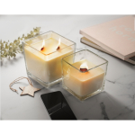 Grande bougie parfum vanille avec 2 mèches en bois couleur transparent vue d'ambiance