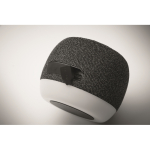 Petit enceinte sans fil en RPET avec détail en bambou noir couleur noir quatrième vue photographique