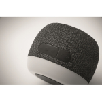 Petit enceinte sans fil en RPET avec détail en bambou noir couleur noir cinquième vue photographique