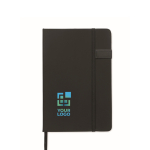 Carnet A5 noir à couverture rigide avec clé USB incluse pages lignées couleur noir vue avec zone d'impression