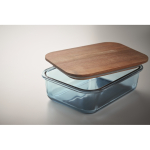 Lunch box en verre avec couvercle bois et fermeture élastique couleur bleu transparent troisième vue photographique