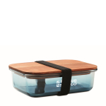 Lunch box en verre avec couvercle bois et fermeture élastique couleur bleu transparent vue avec zone d'impression