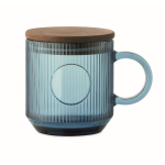 Tasse originale en verre strié avec couvercle en bois d'acacia 300 ml couleur bleu transparent