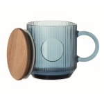 Tasse originale en verre strié avec couvercle en bois d'acacia 300 ml couleur bleu transparent deuxième vue