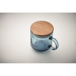 Tasse originale en verre strié avec couvercle en bois d'acacia 300 ml couleur bleu transparent troisième vue photographique