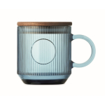 Tasse originale en verre strié avec couvercle en bois d'acacia 300 ml couleur bleu transparent quatrième vue