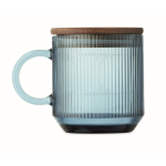 Tasse originale en verre strié avec couvercle en bois d'acacia 300 ml couleur bleu transparent sixième vue
