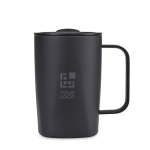 Tasse thermos pour café ou thé en acier inoxydable recyclé 450 ml couleur noir avec zone d'impression