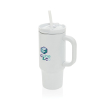 Gobelet isotherme en inox recyclé avec paille et anse 480 ml couleur blanc vue avec logo