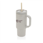 Gobelet isotherme en inox recyclé avec paille et anse 480 ml couleur gris vue avec logo
