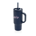 Gobelet isotherme en inox recyclé avec paille et anse 480 ml couleur bleu marine vue avec logo