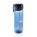 Bouteille de sport en RPET avec bouchon antifuite et paille 800 ml couleur bleu marine vue avec logo