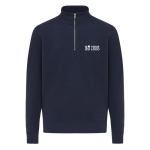 Pull demi‑zip en coton recyclé 300 g/m² Iqoniq Elgon couleur bleu marine avec zone d'impression
