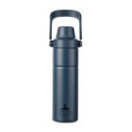 Gourde isotherme en acier recyclé avec anse et double ouverture 600 ml couleur bleu marine vue avec logo