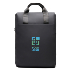 Sac à dos recyclé avec poche frontale et sangle arrière de voyage 16” couleur noir avec zone d'impression