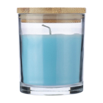 Bougie parfum vanille dans bocal en verre avec couvercle bambou couleur bleu ciel première vue