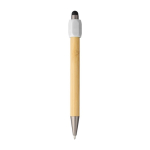 Stylo tactile en bambou avec spinner sur le dessus encre bleue couleur blanc première vue