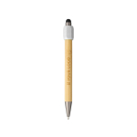 Stylo tactile en bambou avec spinner sur le dessus encre bleue couleur blanc avec zone d'impression