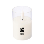 Bougie LED avec effet de flamme réaliste dans un bocal en verre couleur blanc avec zone d'impression